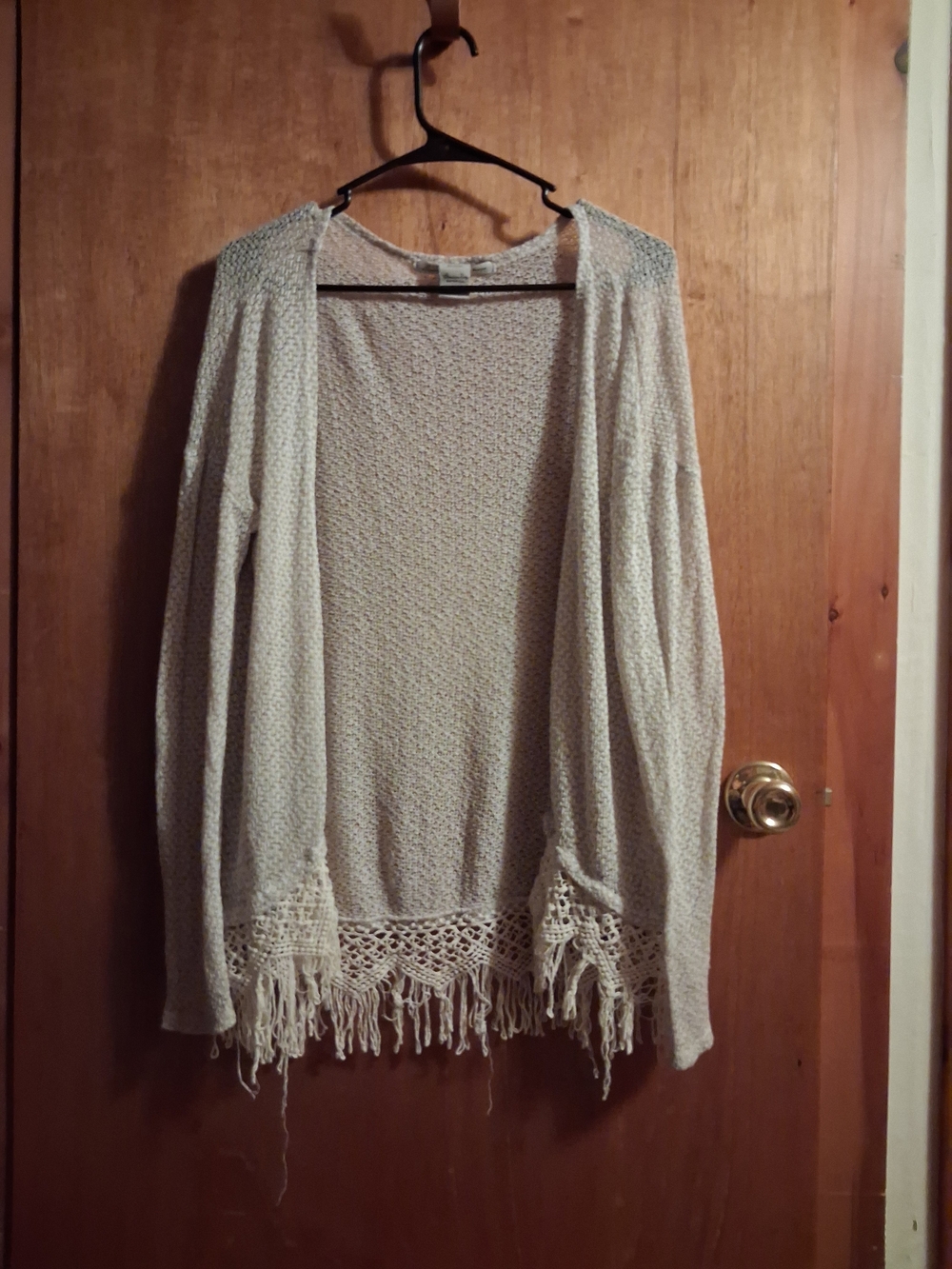 American Rag Cream Open-Front Crochet Fringe Cardigan. ELEGANT!